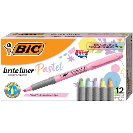Bic Brite Liner Grip Pastel Highlighters, 12PK BICGBLD11AST